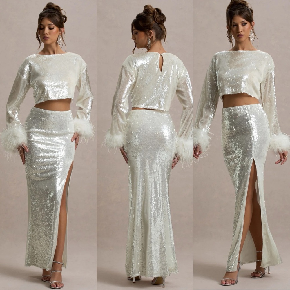 Club L London Raia Silver Sequins High Slit Maxi Skirt 12